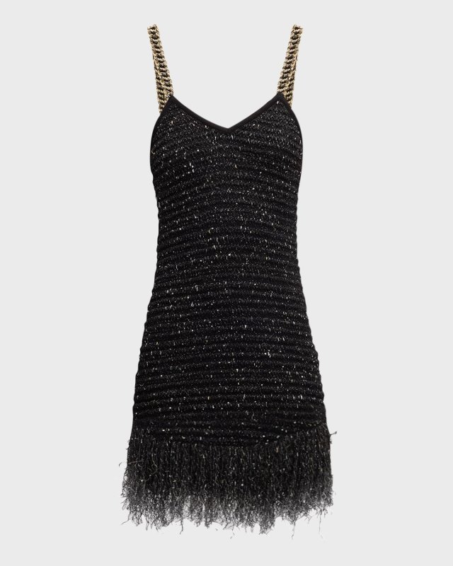 Fringed Hem Tweed Mini Dress with Chain Straps